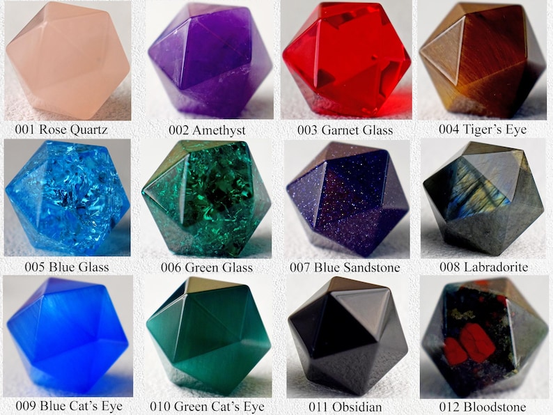 Twelve stone and glass D20 samples, including Rose Quartz, Amethyst, Tiger’s Eye and Obsidian