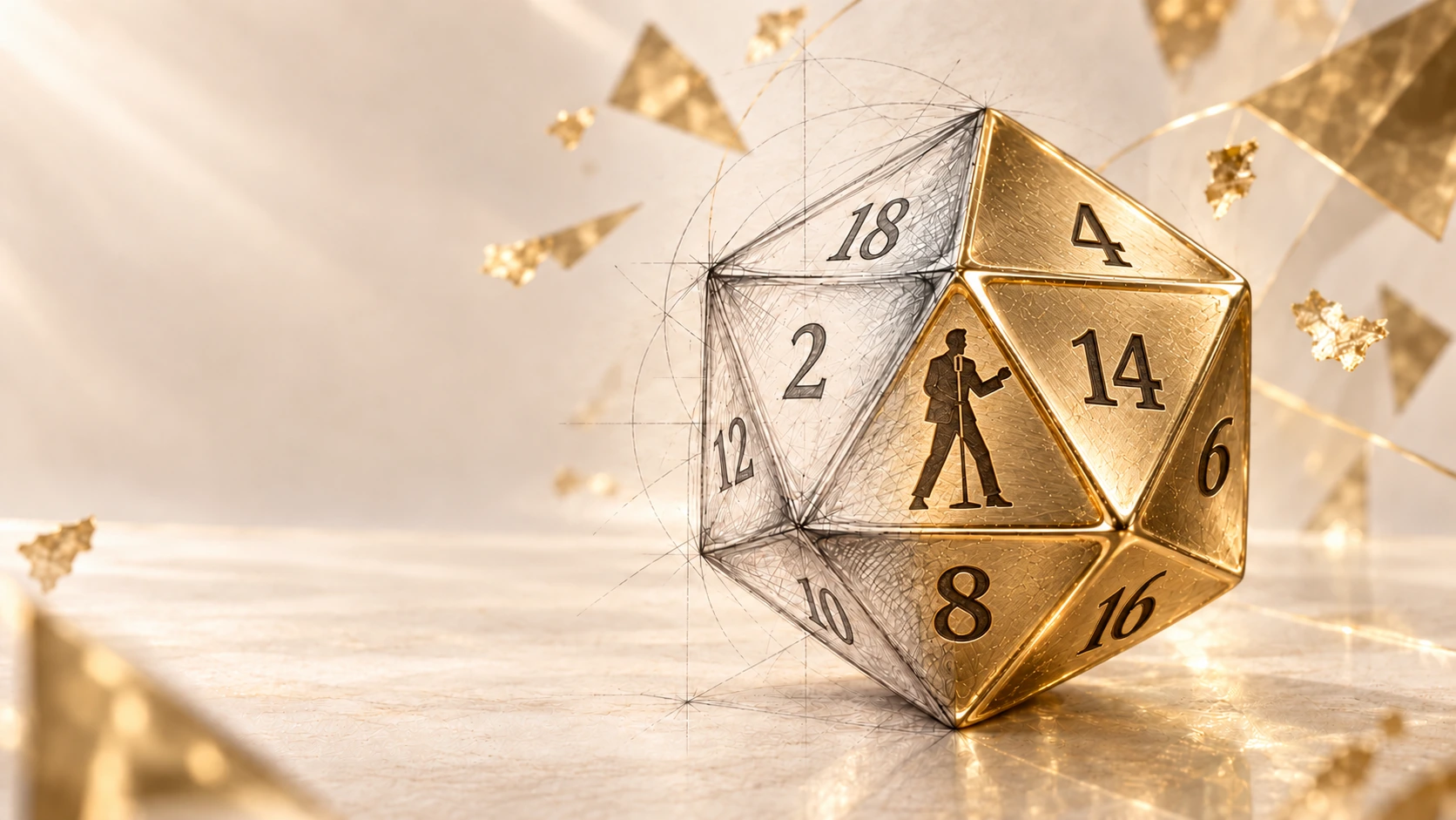 A custom D20 transforming from a pencil sketch into gold, with an engraved character silhouette
