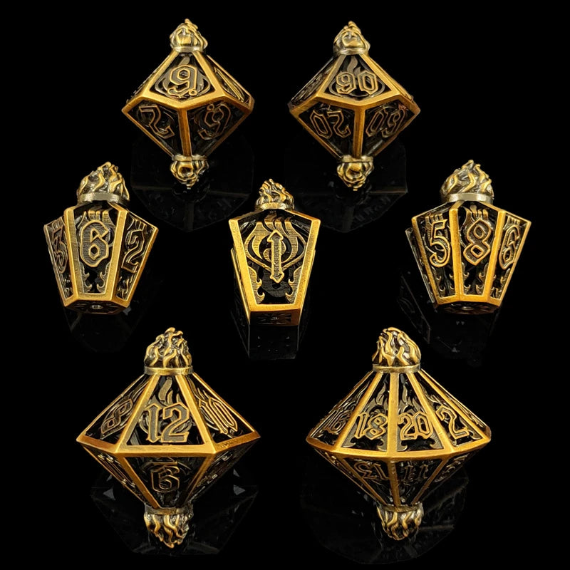 Cleric's Golden Censer Hollow Metal DND Dice Polyhedral 7 Set