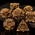 Load image into Gallery viewer, Monk&#39;s Lotus Flower Metal DND Polyhedral Dice 7 Set
