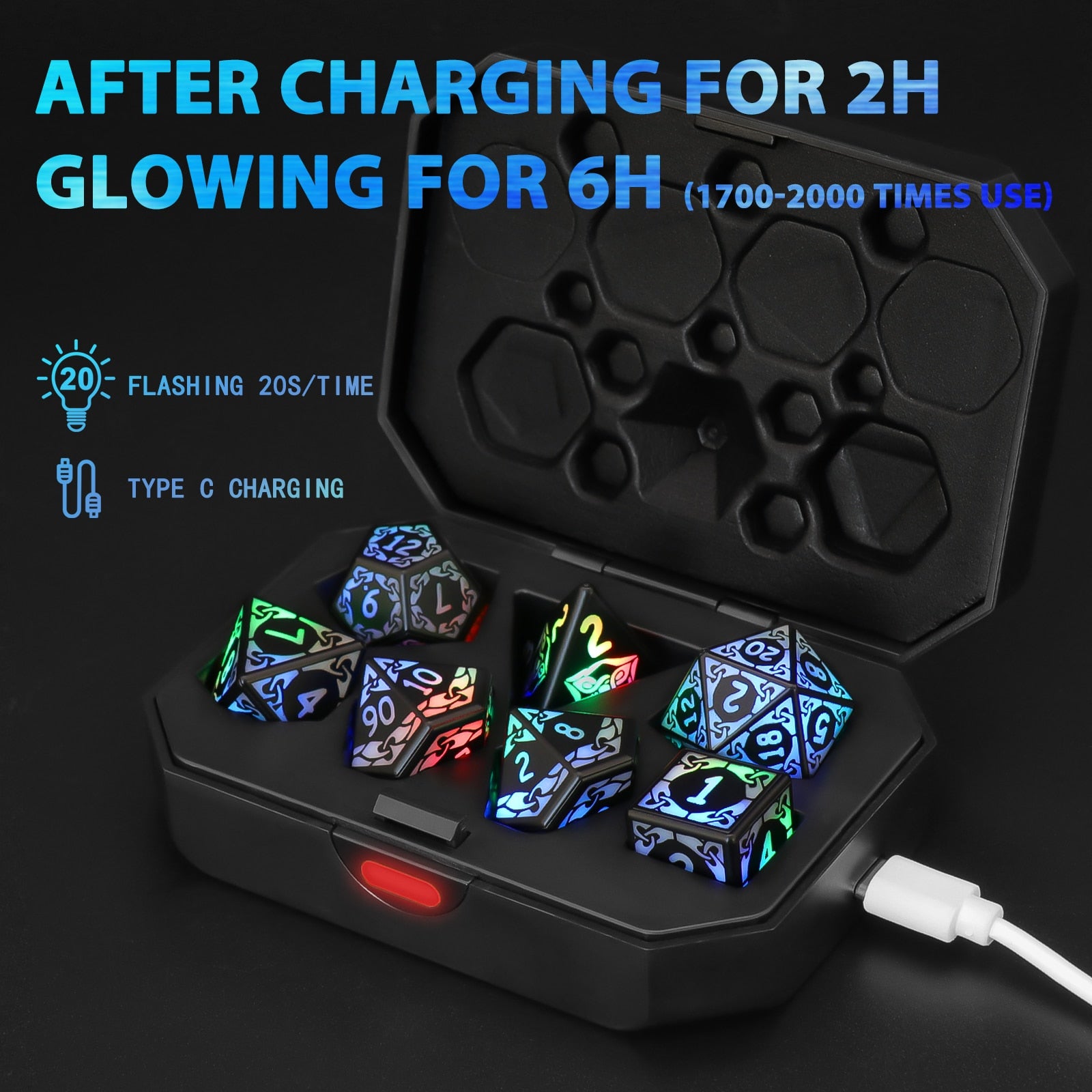 Glowing LED eDice USB Rechargeable Polyhedral Dice 7 Set