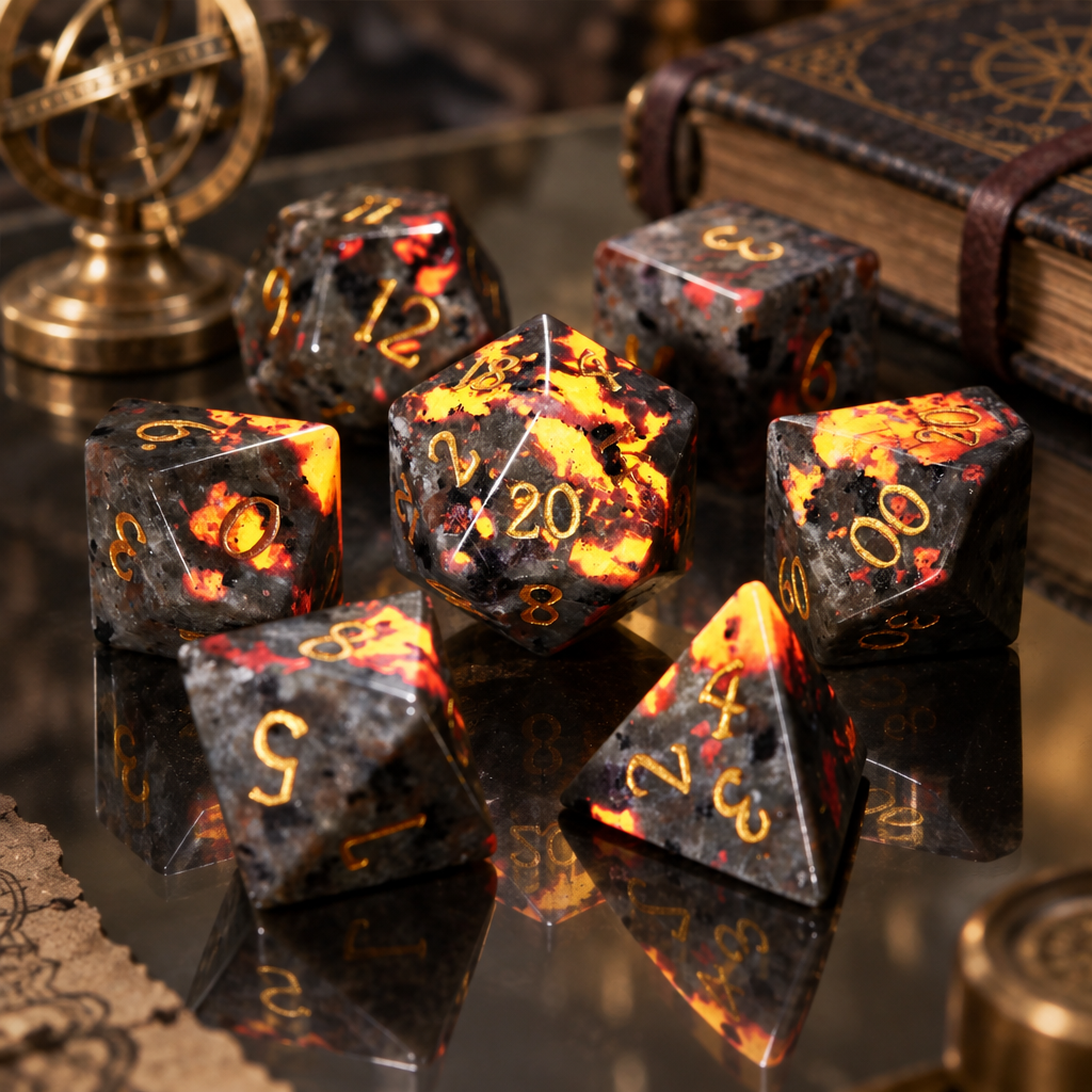 Fire and Stone Gemstone DND Dice 7 Set — Complete seven-dice set