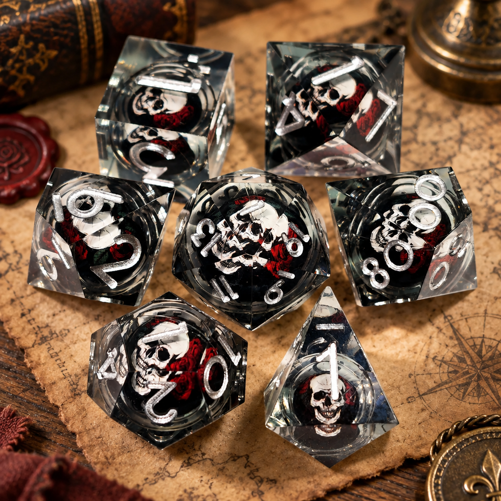 Skull & Rose Resin DND Dice 7 Set — Complete seven-dice set