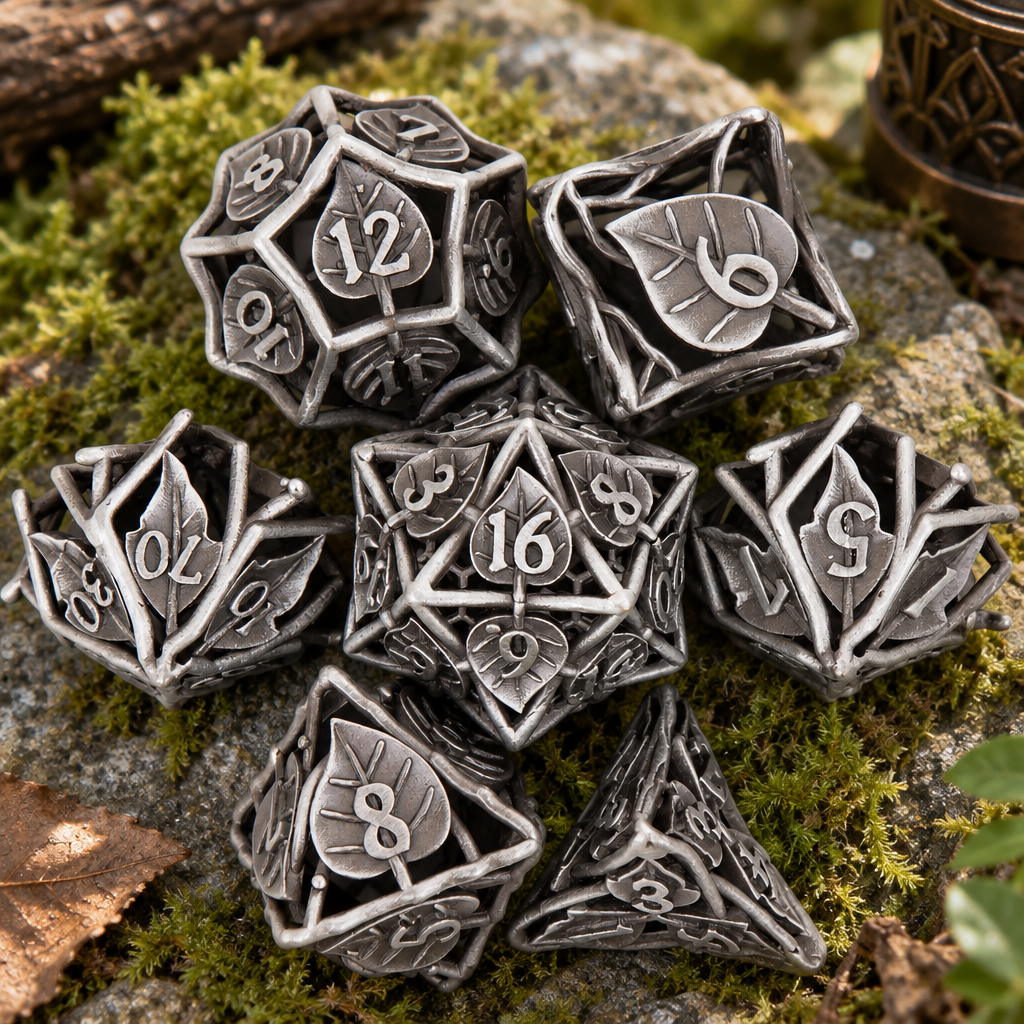 Silverleaf Metal DND Dice on Grassland