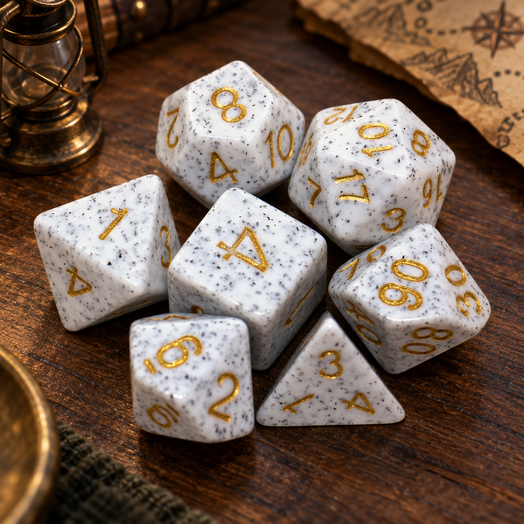 Sanctuary Stone DND Dice on a Table