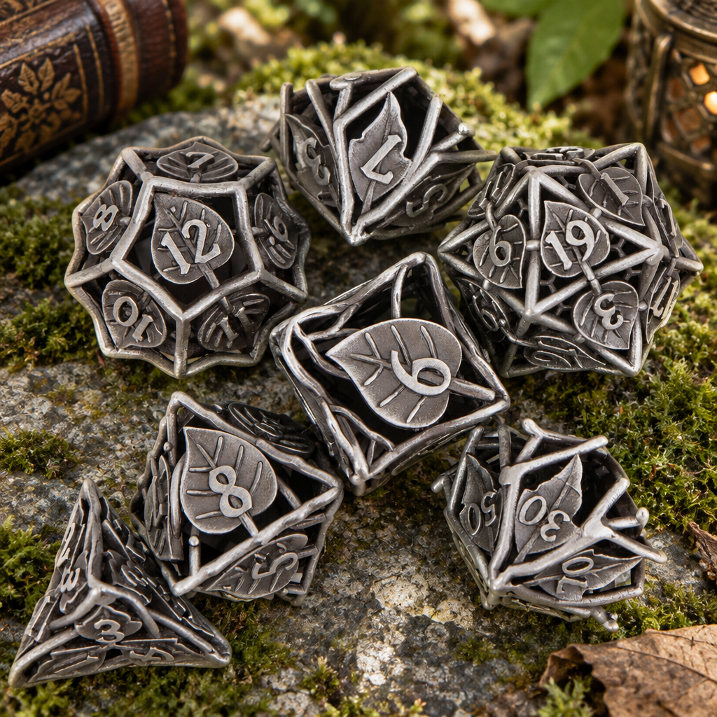 Silverleaf Metal DND Dice 7 Set on Grassland