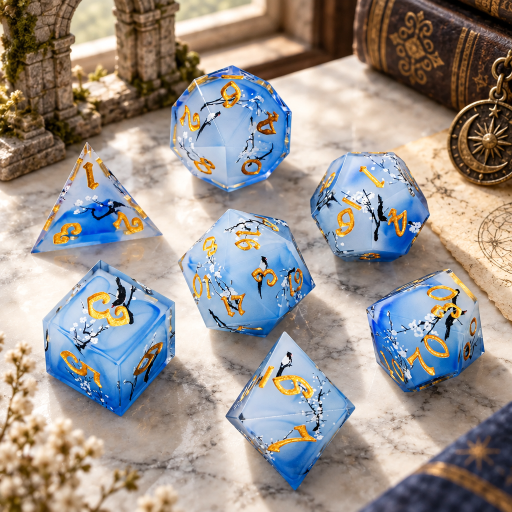Sky Blossom Resin DND Dice Set — Complete seven-dice set