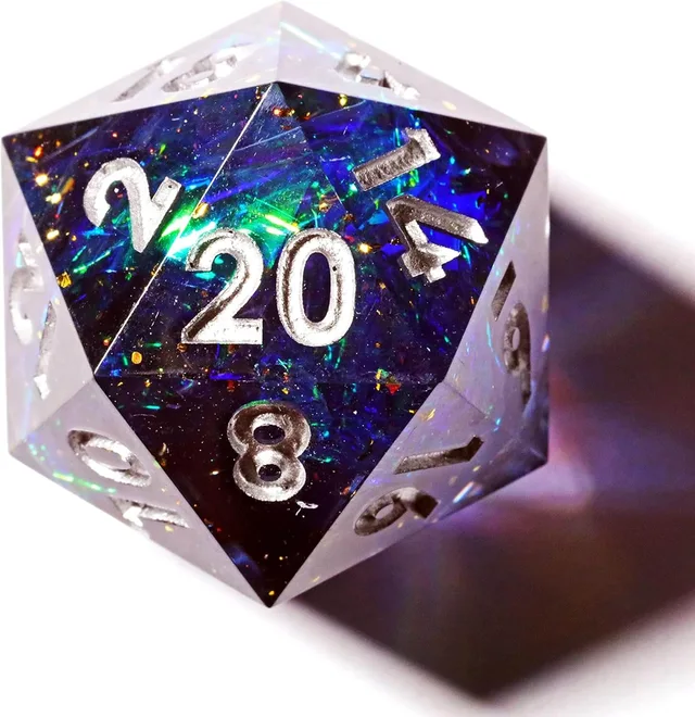 Close-up of a blue galaxy D20 with silver numbers and shimmering flecks.