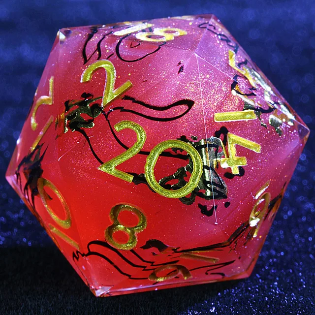 Close-up of a crimson-pink glitter D20 with gold numbers and dark markings