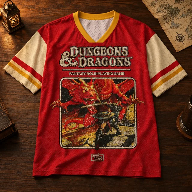 Retro Dungeons & Dragons T-shirt — Complete product / dice set