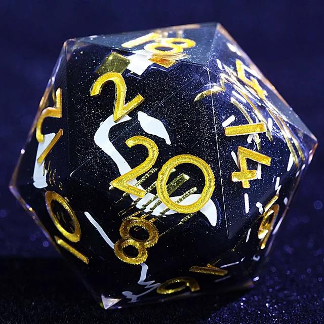 Close-up of a dark glittery D20 with clear edges, gold numbers and white markings.