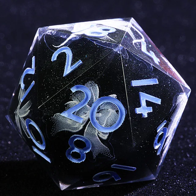 Close-up of a dark glitter-speckled D20 with a pale bow design and light blue numerals.