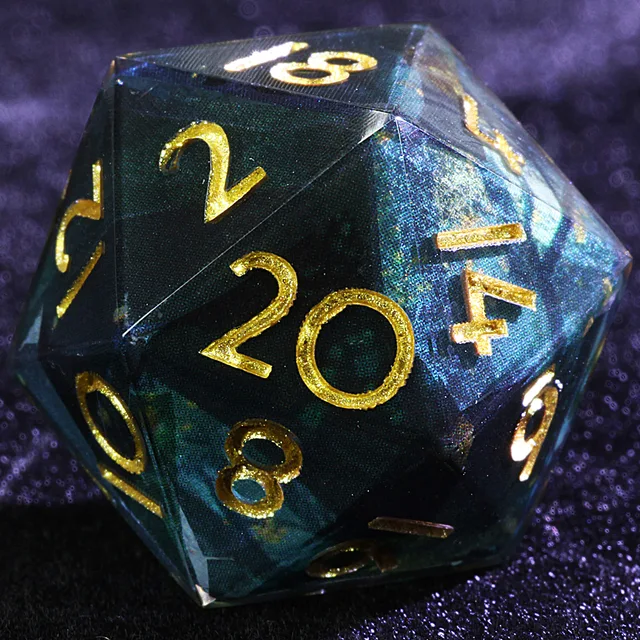 Close-up of a dark blue-green D20 with gold numbers