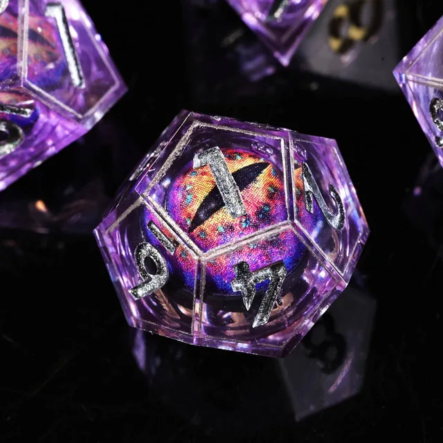 Close-up of a purple die with a multicoloured slit-pupil eye.