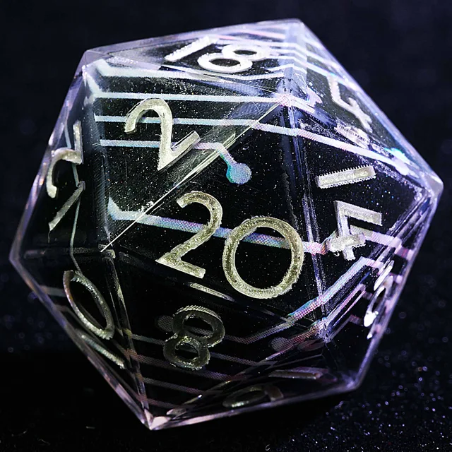 Close-up of a dark D20 with clear edges, silver numbers and pale circuit lines.