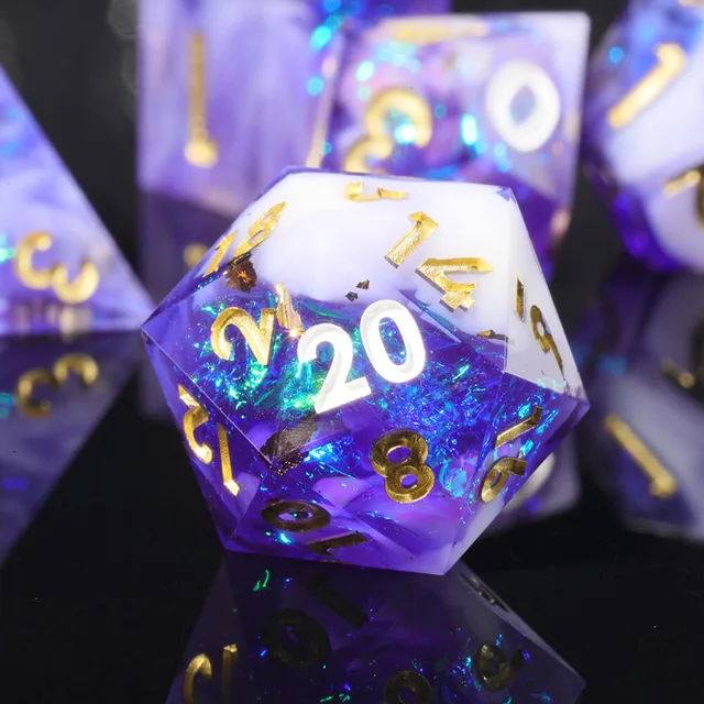 Close-up of a purple shimmering D20 with white cloudy areas and gold and white numerals.