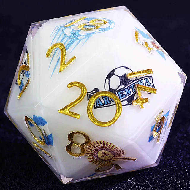Close-up of the white D20 with gold numbers, blue accents, a football graphic and a sun emblem.