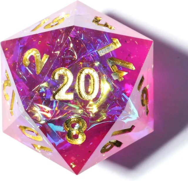 Close-up of a pink and purple D20 with gold numbers and iridescent flecks.