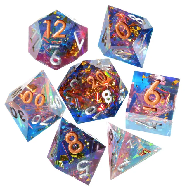 Seven translucent blue, pink and purple polyhedral dice with iridescent inclusions on white.