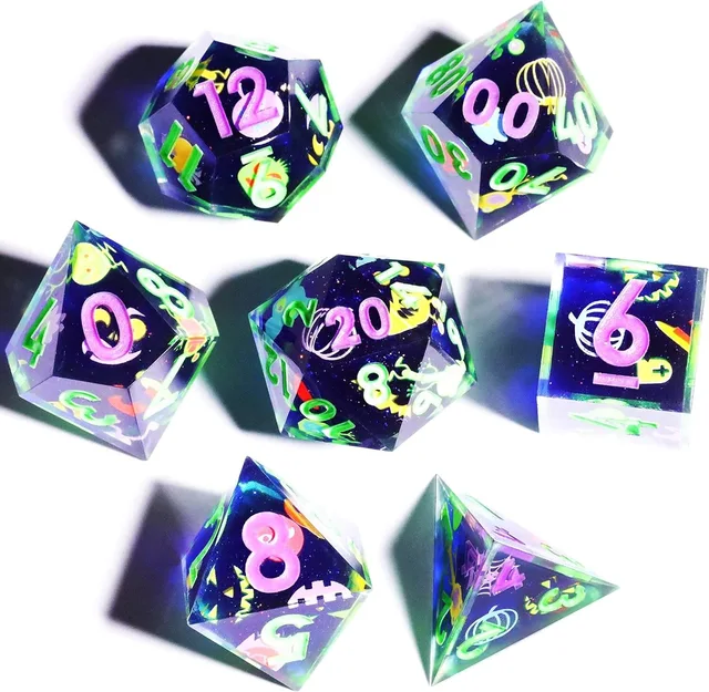 Seven sharp-edged, illustrated dice spread across a white surface.