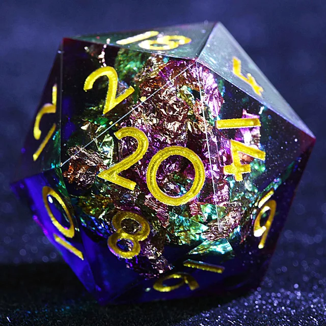 Close-up of a gold-numbered D20 with violet and green resin and reflective foil.