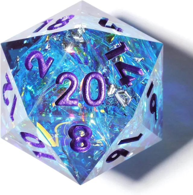 Close-up of a blue iridescent D20 with purple numbers.