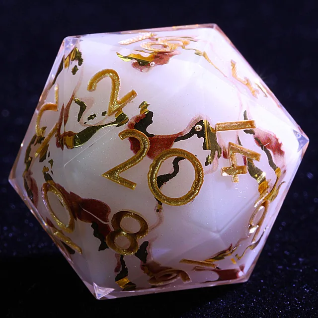 Close-up of a pale opalescent D20 with burgundy, black and gold ribbons and gold numerals.