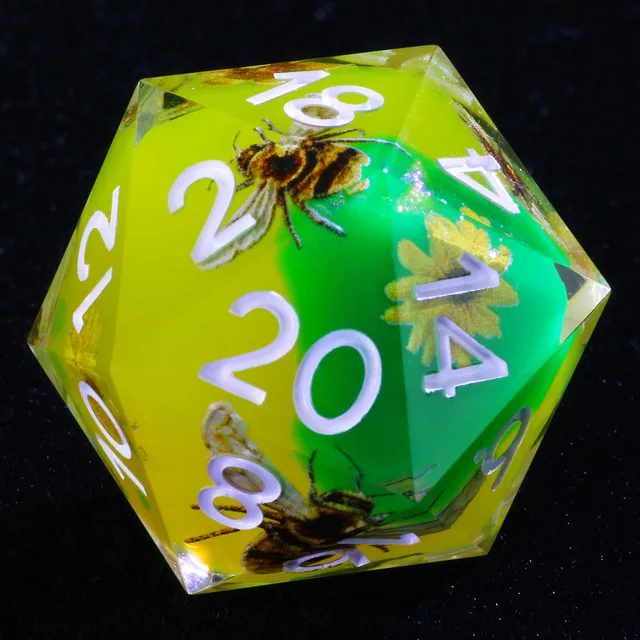 Green and yellow D20 with pale numerals, bees and yellow flowers.