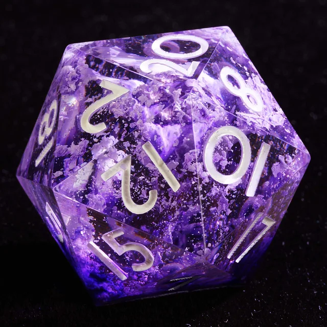 Close-up of a violet D20 with pale numerals and cloudy inclusions.