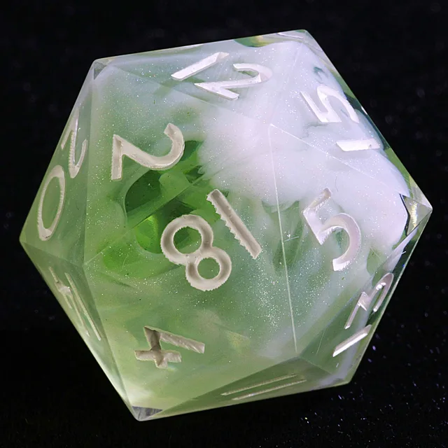 Close-up of a translucent green D20 with cloudy white swirls and pale numerals.