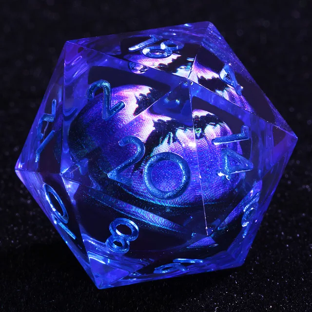 Close-up of a transparent purple D20 with a purple eye-like core and blue numerals.