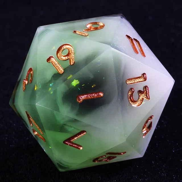 Close-up of a sharp-edged D20 with white swirls, dark translucent areas and copper-coloured numbers.