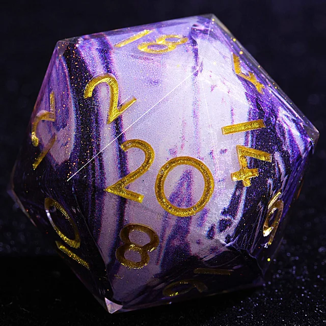 Close-up of a violet and black swirled D20 with gold numbers.