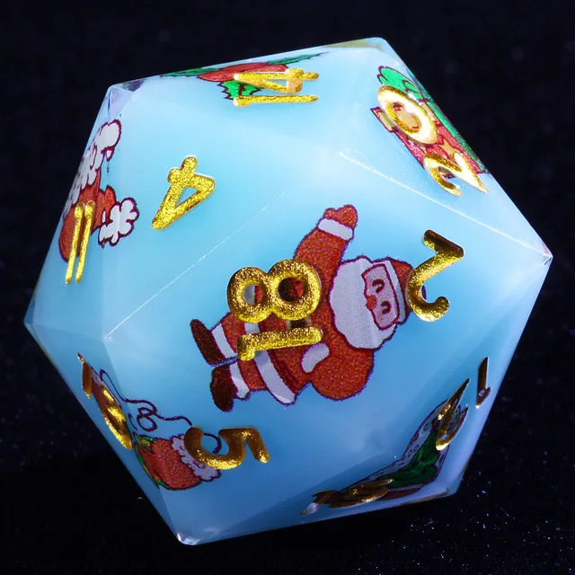 Close-up of pale blue Santa-themed D20 with gold numbers.