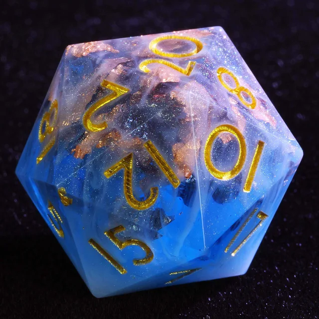 Close-up of a blue and purple swirled twenty-sided die with gold numbers.
