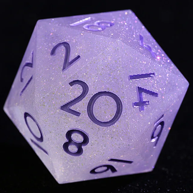 Close-up of a pale lilac glitter-filled D20 with purple numerals.