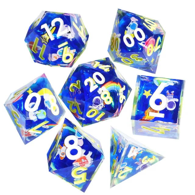 Seven transparent blue space-themed dice with white and yellow numerals on white