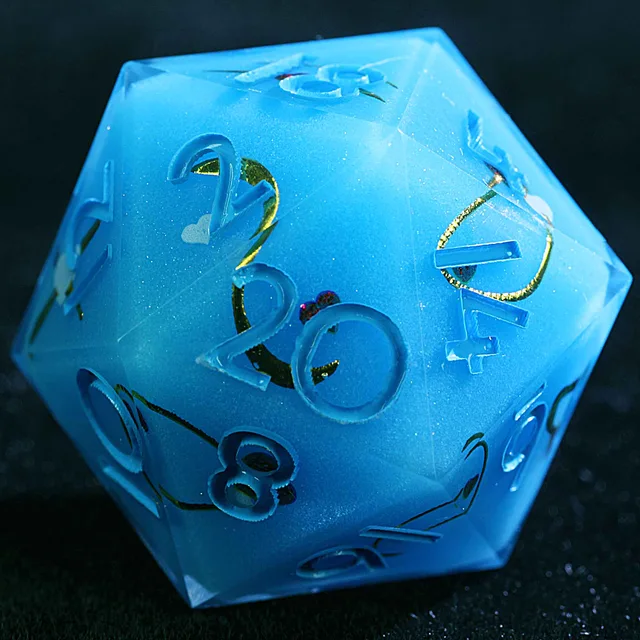 Close-up of a sky-blue D20 with blue numerals, gold arcs and red heart details.