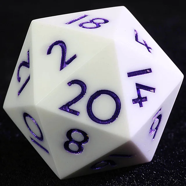 Close-up of a white D20 with metallic purple numerals.