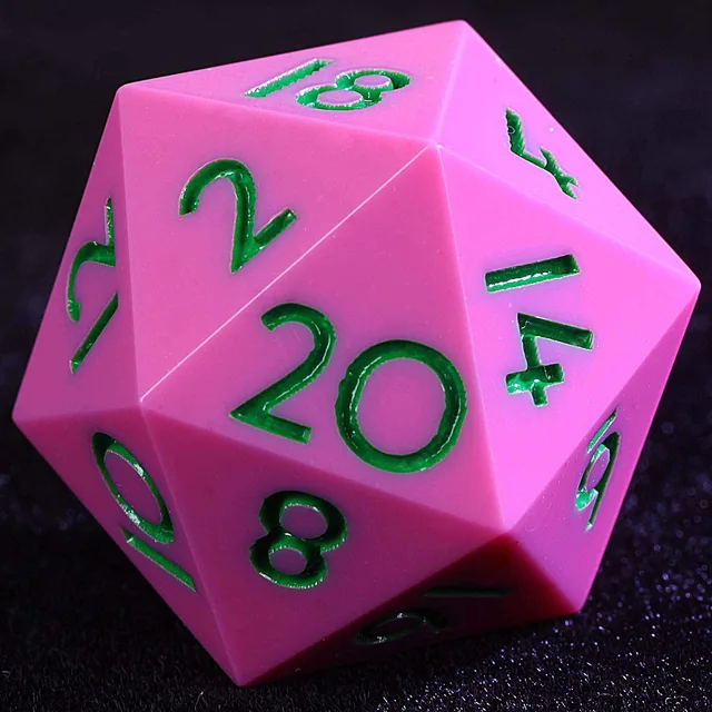 Close-up of a rose-pink D20 with green numbers