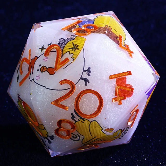 Close-up of a white glittery D20 with chicken illustrations and raised orange numbers.