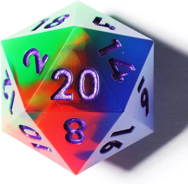 Close-up of a sharp-edged D20 with green, red and blue swirls and purple numbers.
