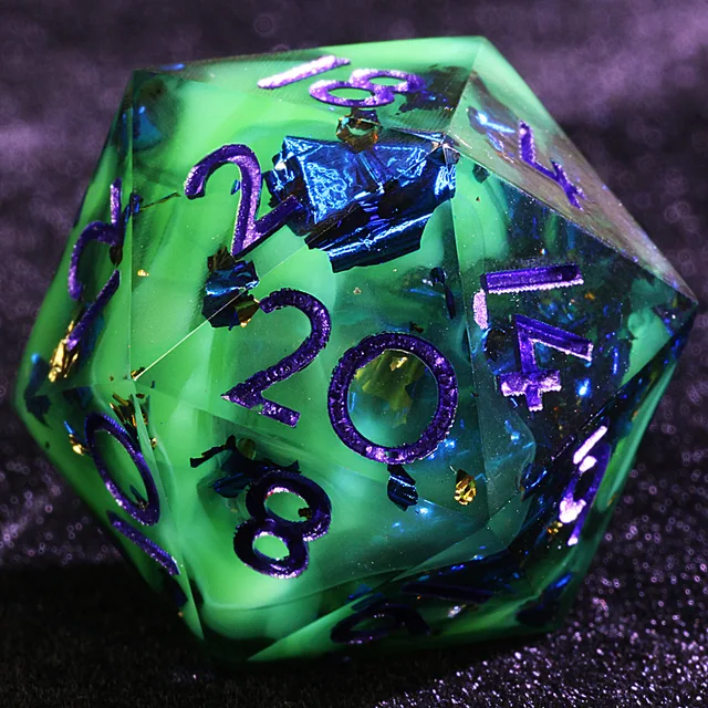 Close-up of a green translucent D20 with purple numbers and blue reflective flecks.