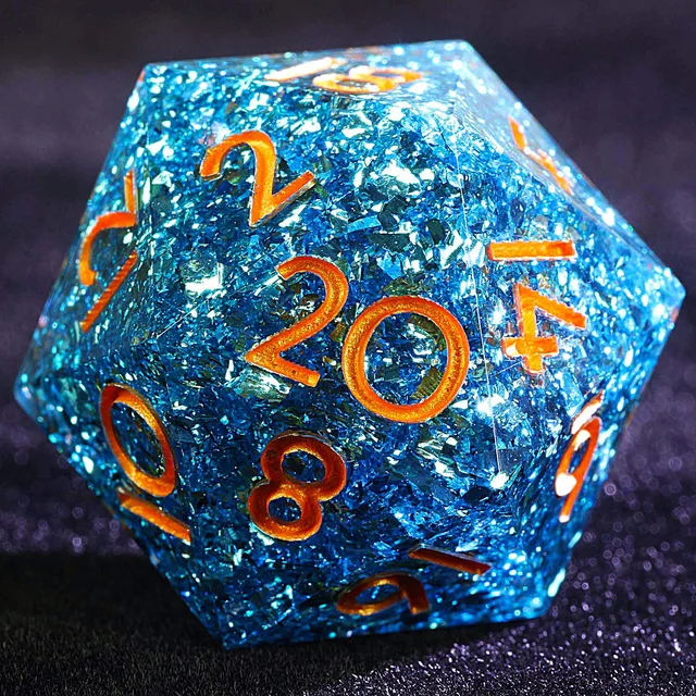 Close-up of a sky-blue foil D20 with orange-gold numerals.
