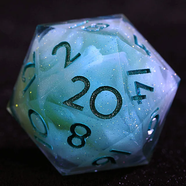 Close-up of a blue, cloudy, glitter-flecked D20 with dark numerals.
