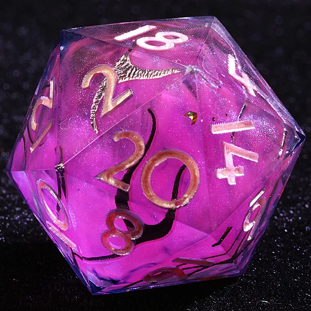 Close-up of a translucent pink-purple D20 with dark swirls and pale numerals.