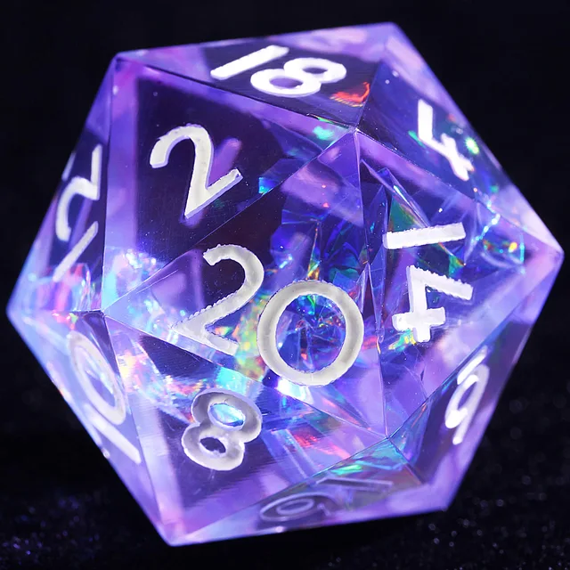 Close-up of a translucent lavender D20 with white numbers and multicoloured iridescent flashes.