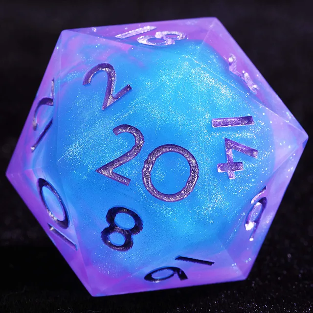 Close-up of a blue and lavender glittering D20 with purple numerals.