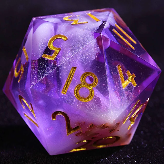 Close-up of a violet, cloud-swirled D20 with gold numbers.