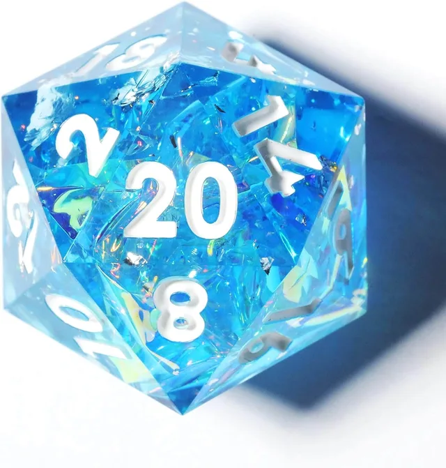 Close-up of a translucent blue D20 with a white 20 and iridescent shard-like inclusions.